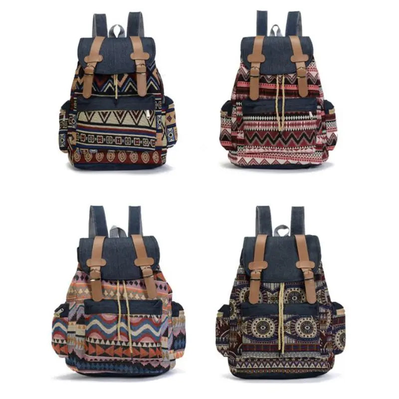 Vintage Bohemian Canvas Backpack for Teen Girls Schoolbag Rucksack