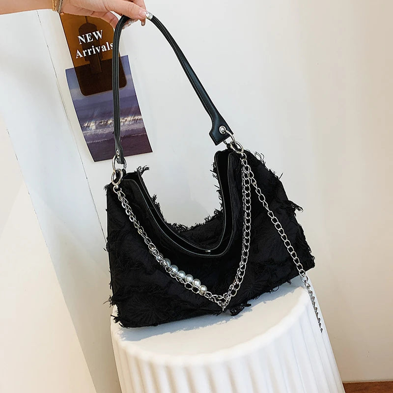Canvas Tassel Hobo Underarm Handbag Large Capacity Shoulder Bag for Women