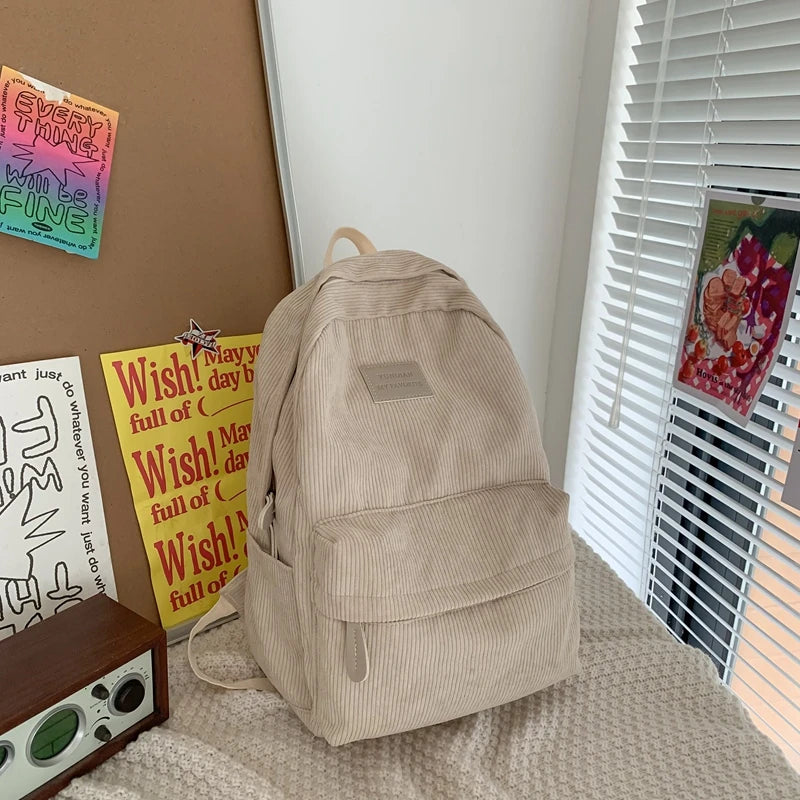 Corduroy College School Backpack Laptop Bag Retro Travel Leisure Book Bag