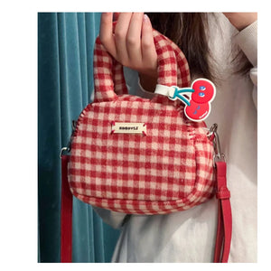 Soft Plush Shoulder Bag Plaid Purse Retro Female Small Tote Shopper Bag