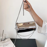 Silver Chain Lady Crossbody Bag Cylindrical Handbag Purse