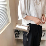 Silver Chain Lady Crossbody Bag Cylindrical Handbag Purse