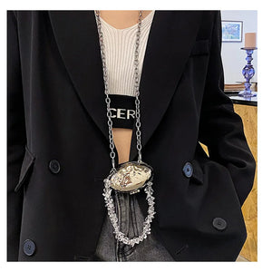 Crystal Chain Mini Neck Bag Silver Shell Single Shoulder Bag