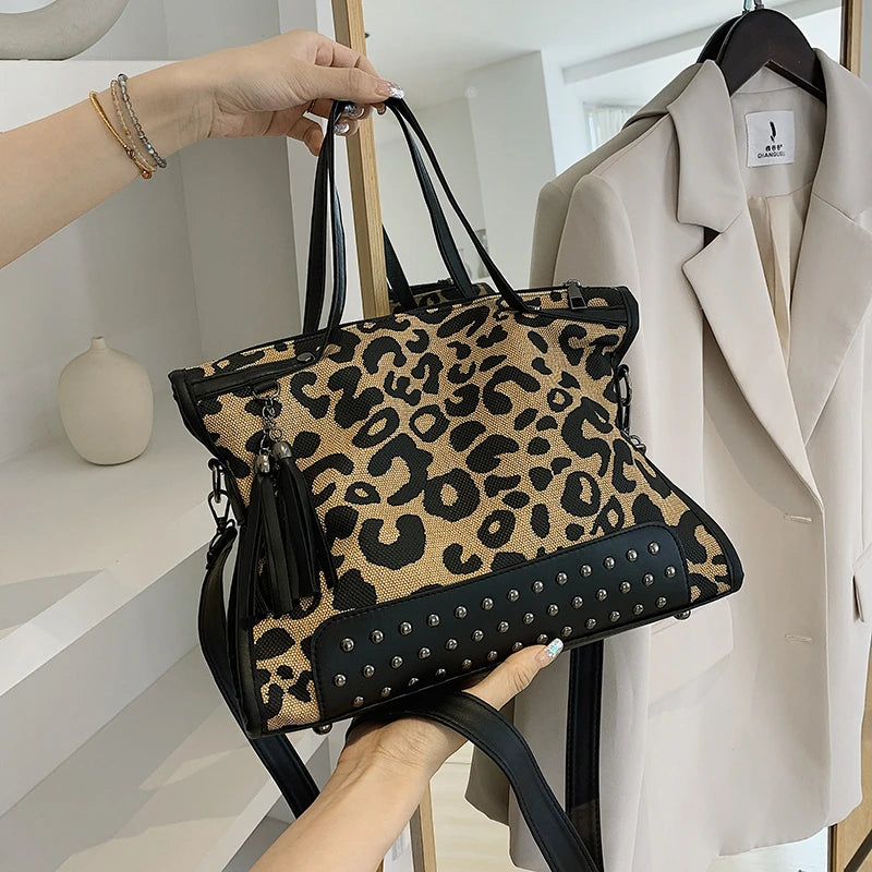 Leopard Print Crossbody Bag Retro Rivet Handbag