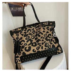 Leopard Print Crossbody Bag Retro Rivet Handbag