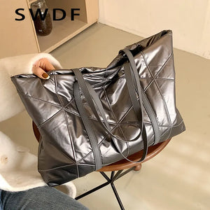 Winter Down Women Shoulder Bag Large Capacity Tote Handbags Nylon Shopping Bag