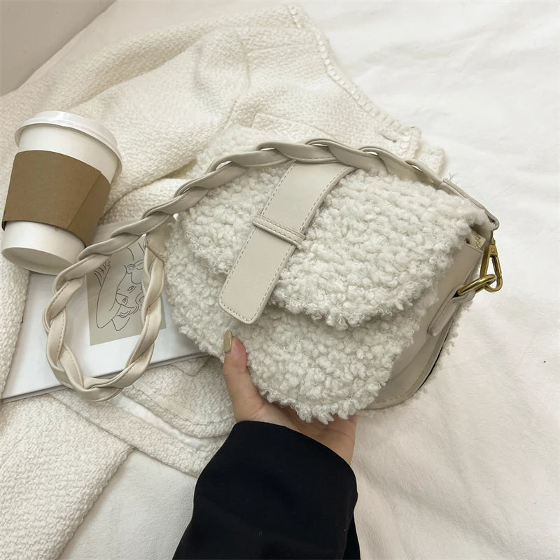 Winter Plush Women's Handbag Saddle Shoulder Strap Small Armpit Bag