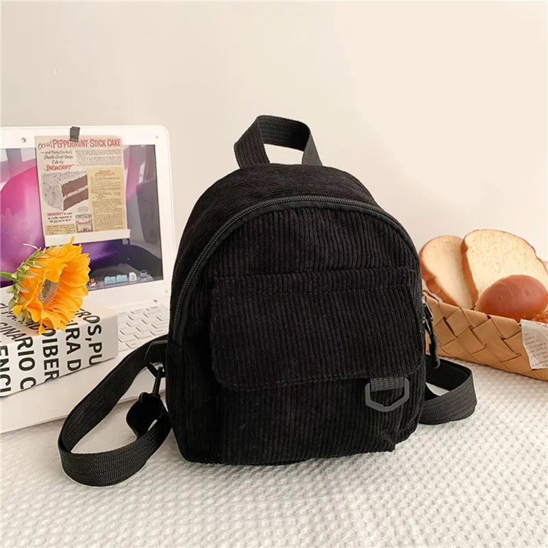 Corduroy Mini Backpack Small Casual Student Bookbag