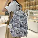 Grey Cartoon Print Book Bag Women School Backpack