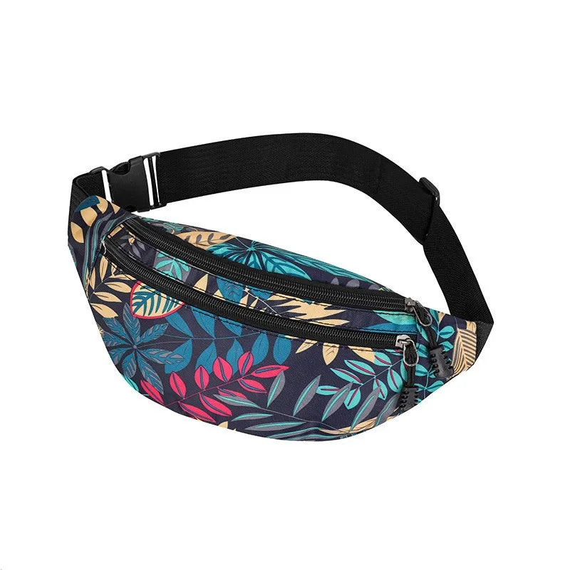 Leaf Printed Waist Bag Large Capacity Fanny Pack Men's Belt Women Casual Canvas