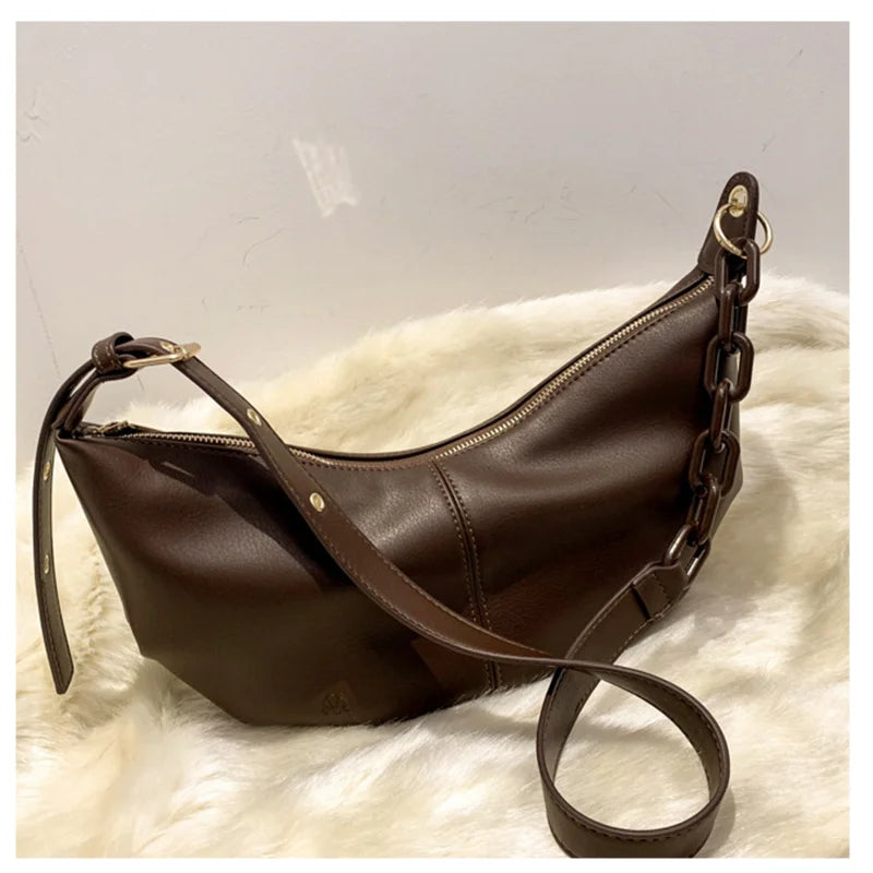 Vintage Soft Leather Crossbody Bags for Women with Chains Shoulder Strap