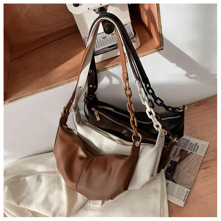 Vintage Soft Leather Crossbody Bags for Women with Chains Shoulder Strap