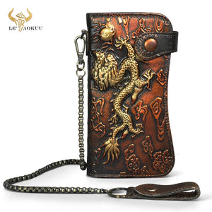 Hot Male Cattle Real Leather Dragon Emboss Checkbook Iron Chain Wallet