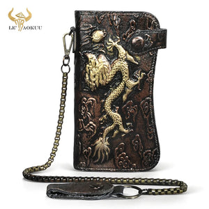 Men's Leather Dragon Checkbook Wallet with Chain