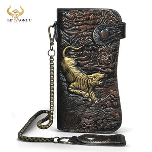 Men's Leather Dragon Emboss Checkbook Wallet with Chain