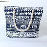 Printed Elephant Canvas Shoulder Bags Large Size Beach Bags For Girls