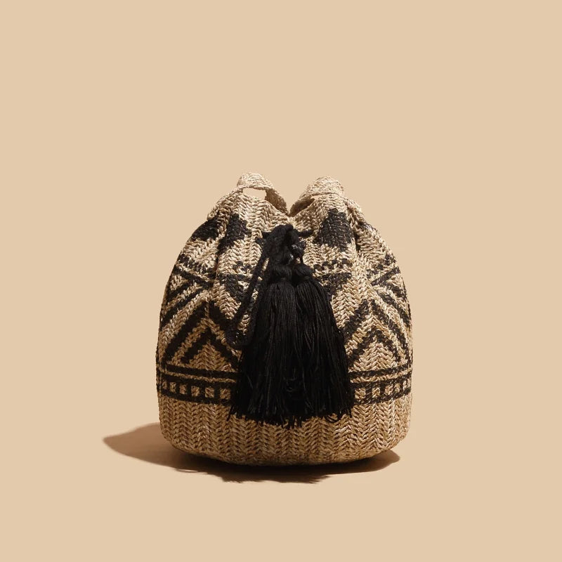 Ethnic Rattan Straw Tassel Shoulder Bag for Women