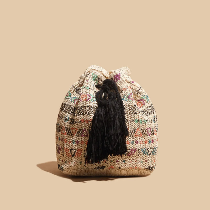 Ethnic Rattan Straw Tassel Shoulder Bag for Women