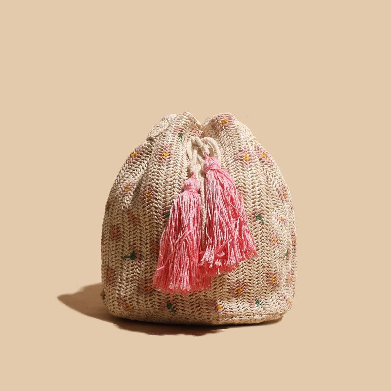 Ethnic Rattan Straw Tassel Shoulder Bag for Women