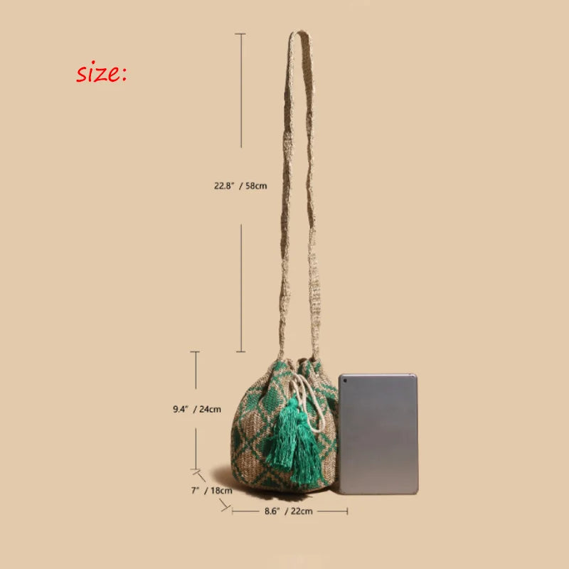 Ethnic Rattan Straw Tassel Shoulder Bag for Women