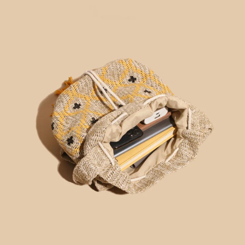 Ethnic Rattan Straw Tassel Shoulder Bag for Women