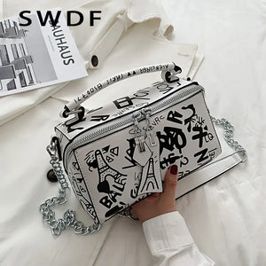 Women Leather Handbags and Purse Crossbody Bags Graffiti Shoulder Bags