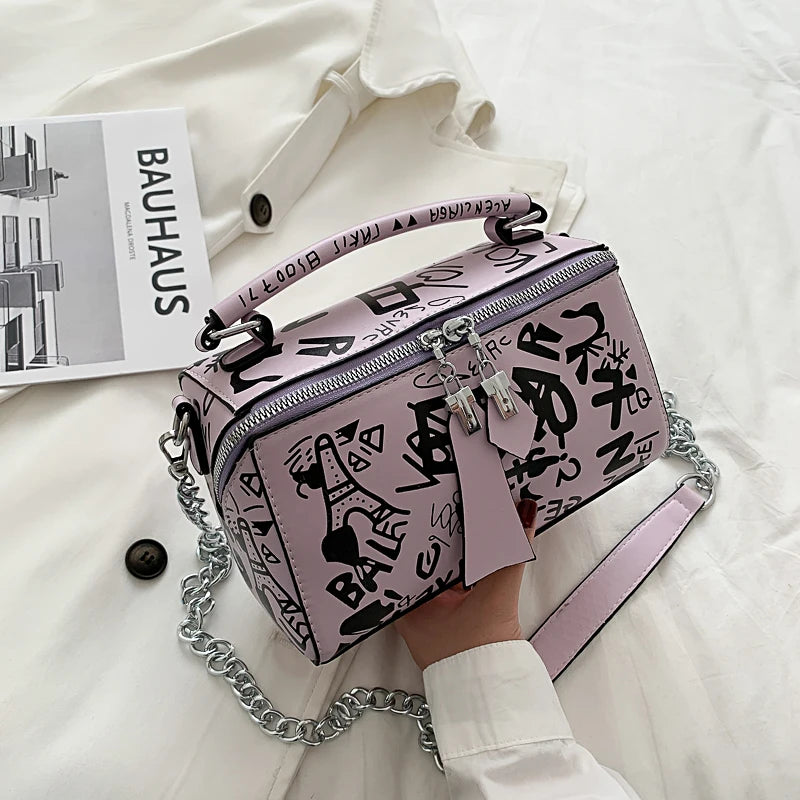 Women Leather Handbags and Purse Crossbody Bags Graffiti Shoulder Bags