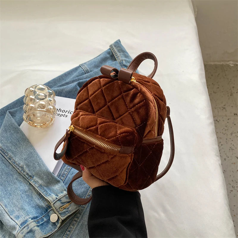 Mini Velvet Backpack Retro Rhombus Design
