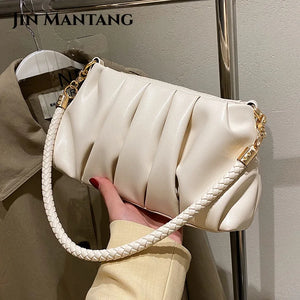 Pleated Shoulder Bag Soft Pu Leather Casual Small Square Bag