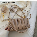Pleated Shoulder Bag Soft Pu Leather Casual Small Square Bag