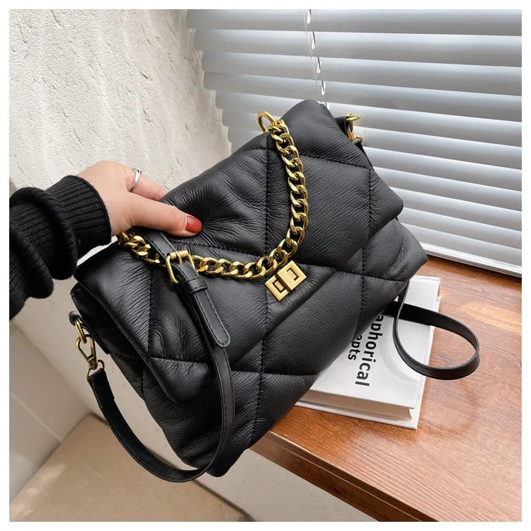 Vintage Rhombus Messenger Bag Soft Leather Chain Bag Crossbody Bags Female