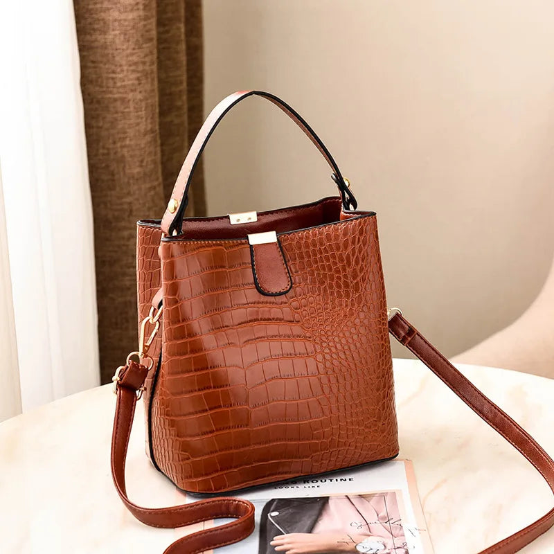 Crocodile Pattern Bucket Bag Women Shoulder Messenger PU Purse