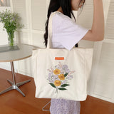 Canvas Floral Shoulder Bag Large Capacity Shopping Bag for Women
