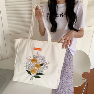 Canvas Floral Shoulder Bag Large Capacity Shopping Bag for Women