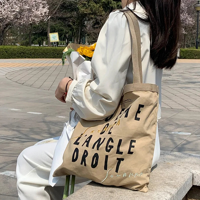 Canvas Shoulder Bag Women Retro Letter Embroidery Print Handbag
