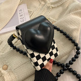 Bead Chain Messenger Bag, Chessboard Lattice, Small Square, Mobile Phone Bag