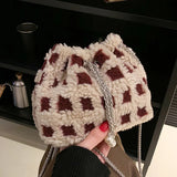 Pink Wool Fur Bucket Bag Chain Crossbody Party Clutch Lady