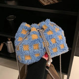 Pink Wool Fur Bucket Bag Chain Crossbody Party Clutch Lady