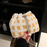 Pink Wool Fur Bucket Bag Chain Crossbody Party Clutch Lady