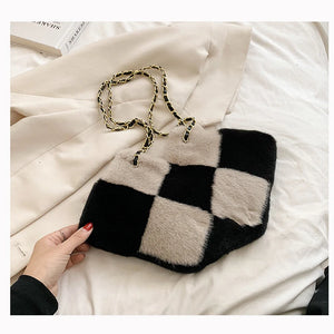 Diamond Pattern One Shoulder Ins Net Red Small Fragrance Cross Body Plush Bag