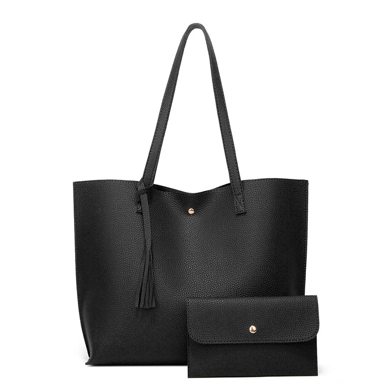 Women's PU Leather Tassel Pouch Large Capacity Tote Handbag