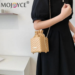 PU Leather Chain Bucket Bag Solid Portable Handbag