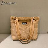 Plush Tote Bag for Women Retro Casual Handbag Fluffy Large Capacity Shoulder Bag