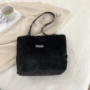 Plush Tote Bag for Women Retro Casual Handbag Fluffy Large Capacity Shoulder Bag