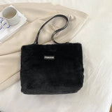 Plush Tote Bag for Women Retro Casual Handbag Fluffy Large Capacity Shoulder Bag
