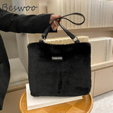 Plush Tote Bag for Women Retro Casual Handbag Fluffy Large Capacity Shoulder Bag