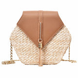 Hexagon Straw Leather Handbag Women Summer Rattan Bag