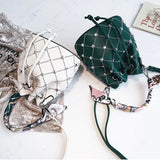Vintage Leather Handbag Drawstring Silk Ribbon Bucket Shoulder Bag