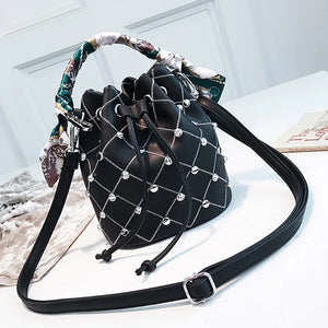 Vintage Leather Handbag Drawstring Silk Ribbon Bucket Shoulder Bag