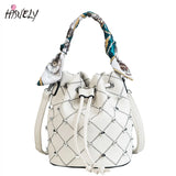 Vintage Leather Handbag Drawstring Silk Ribbon Bucket Shoulder Bag
